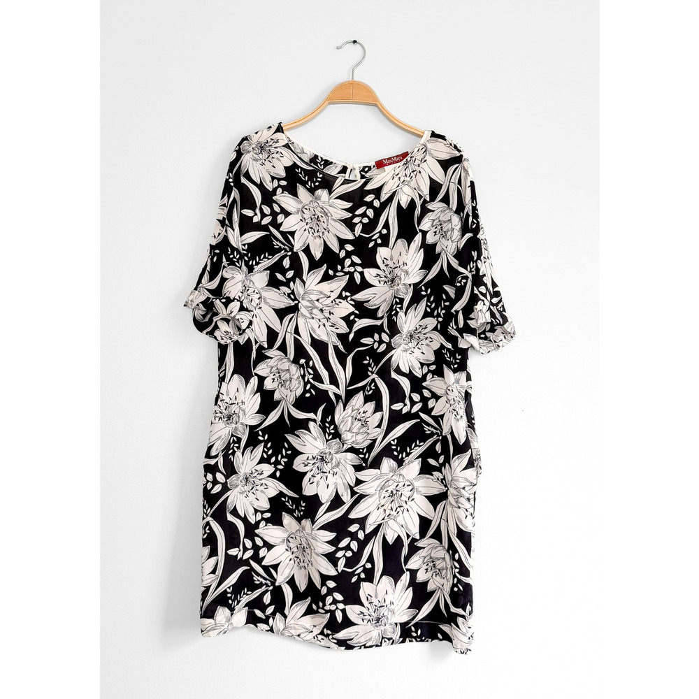 Max Mara Studio Black White Silk Large Floral Shift Dress - Picture 11 of 11